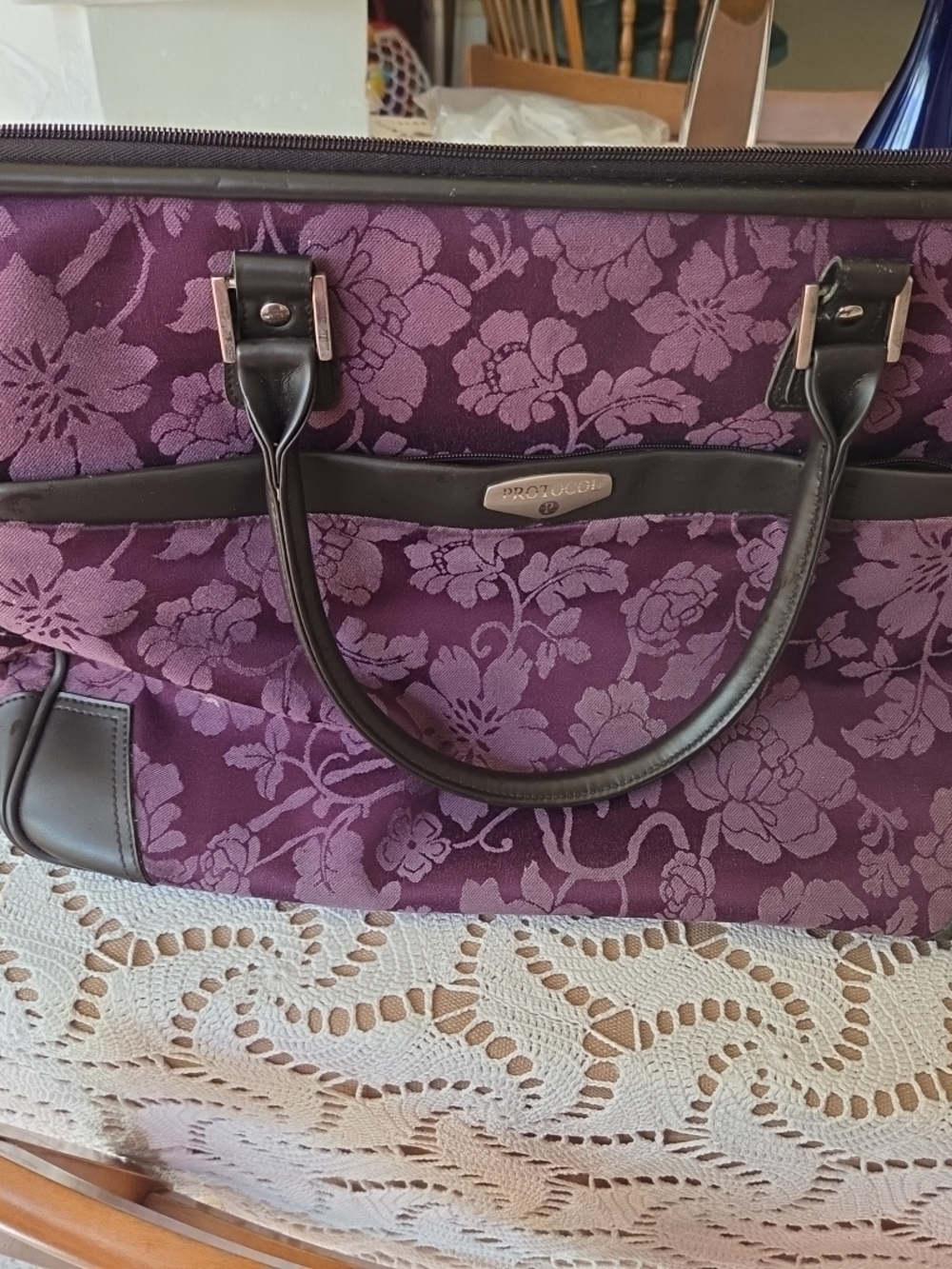 Purple Floral Travel Tote Bag with Black Handles